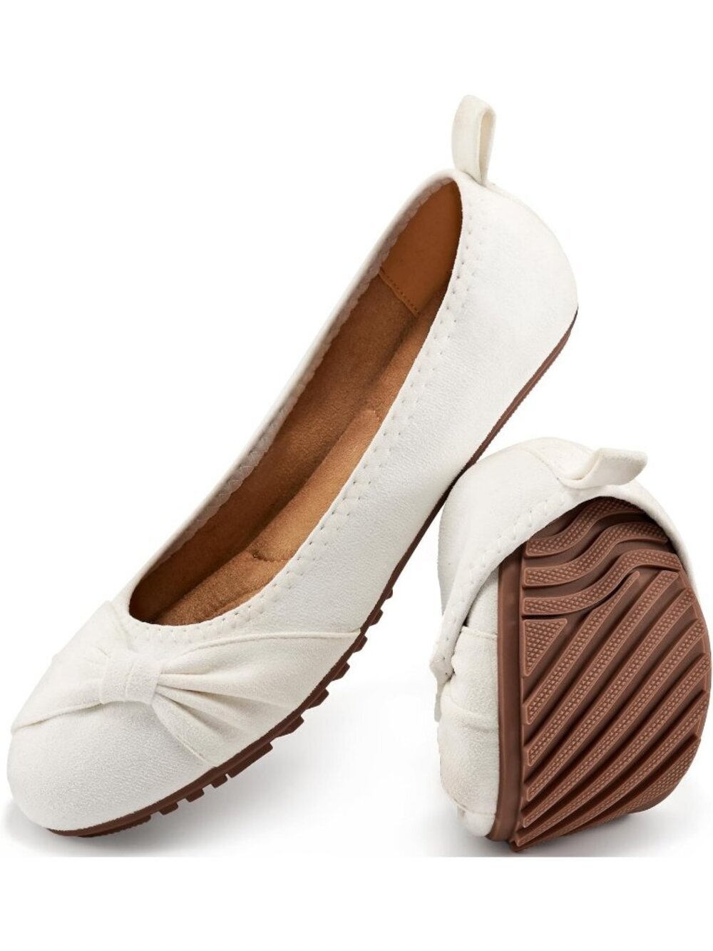 Women's White Suede Comfortable Ballet Flats Cushioned Foldable Slip On Shoes